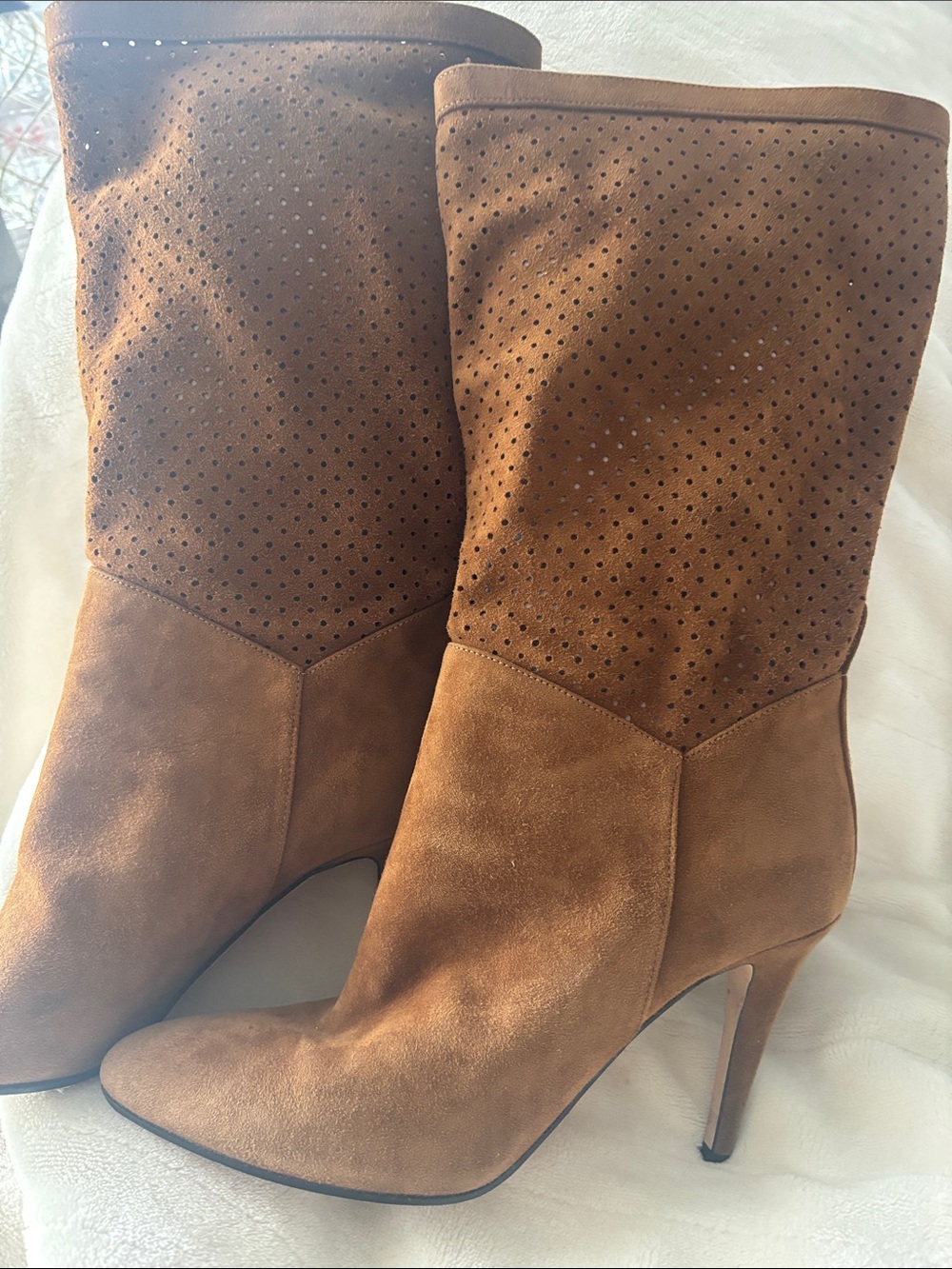 Tamara Mellon Perforated Suede Mid-Calf Heeled Boots - Brown